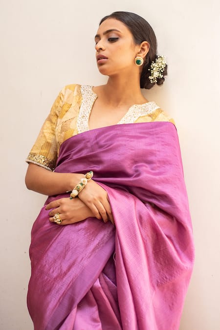 Shop_Priyanka Raajiv_Purple , Satin Mika Woven Bordered Saree With Running Blouse_Online_at_Aza_Fashions