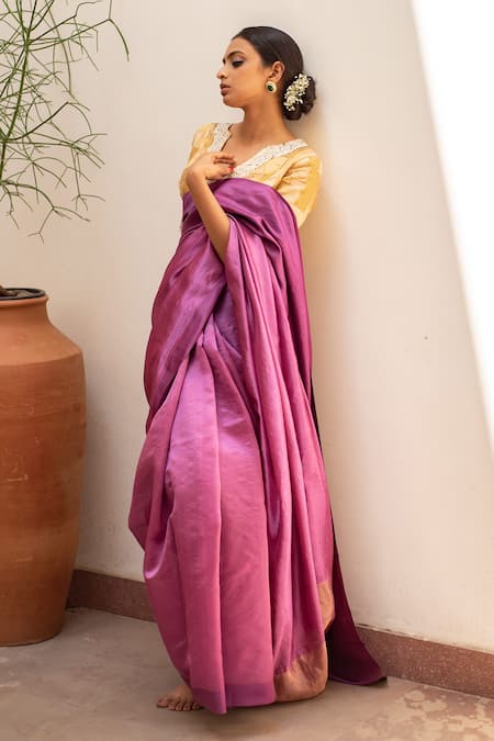 Priyanka Raajiv_Purple , Satin Mika Woven Bordered Saree With Running Blouse_at_Aza_Fashions