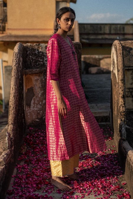 Buy_Priyanka Raajiv_Pink Silk, Brocade Tassels V-neck Neima Kurta And Nara Palazzo Set _Online_at_Aza_Fashions