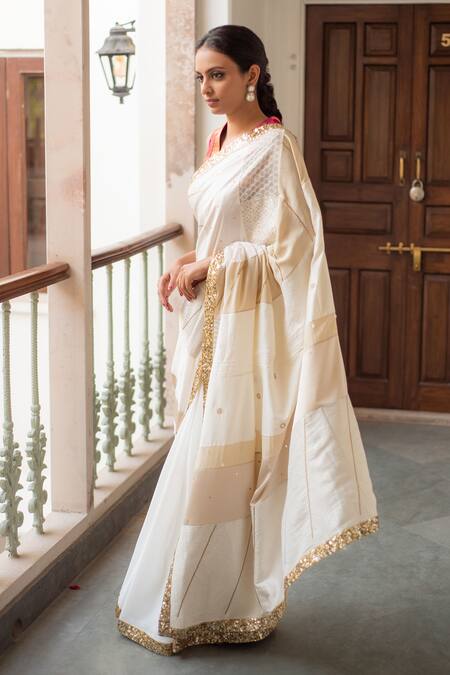 Buy_Priyanka Raajiv_Ivory Silk, Brocade, Satin, Cotton, Paarsa Patch Work Saree With Running Blouse _Online_at_Aza_Fashions