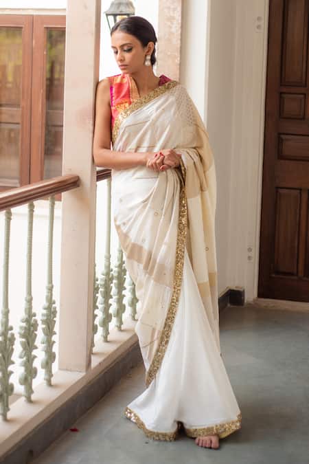 Shop_Priyanka Raajiv_Ivory Silk, Brocade, Satin, Cotton, Paarsa Patch Work Saree With Running Blouse _Online_at_Aza_Fashions