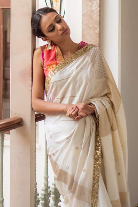Priyanka Raajiv_Ivory Silk, Brocade, Satin, Cotton, Paarsa Patch Work Saree With Running Blouse _at_Aza_Fashions