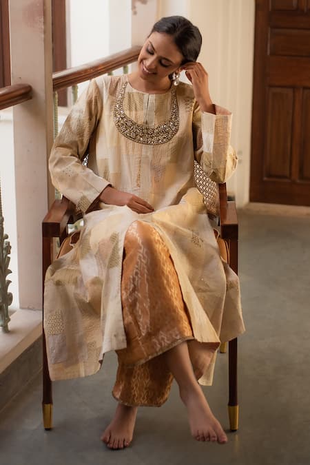 Priyanka Raajiv_Beige Silk, Brocade, Satin, Cotton, Renata Patch Work Kurta And Rafa Palazzo Set _Online_at_Aza_Fashions