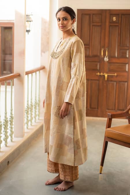 Shop_Priyanka Raajiv_Beige Silk, Brocade, Satin, Cotton, Renata Patch Work Kurta And Rafa Palazzo Set _Online_at_Aza_Fashions