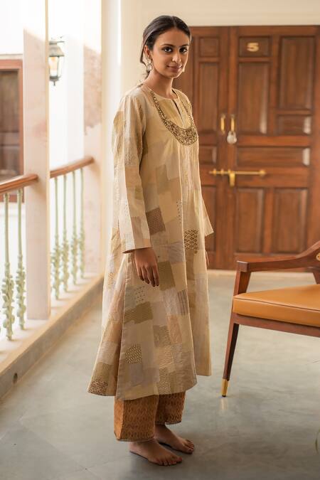 Priyanka Raajiv_Beige Silk, Brocade, Satin, Cotton, Renata Patch Work Kurta And Rafa Palazzo Set _at_Aza_Fashions