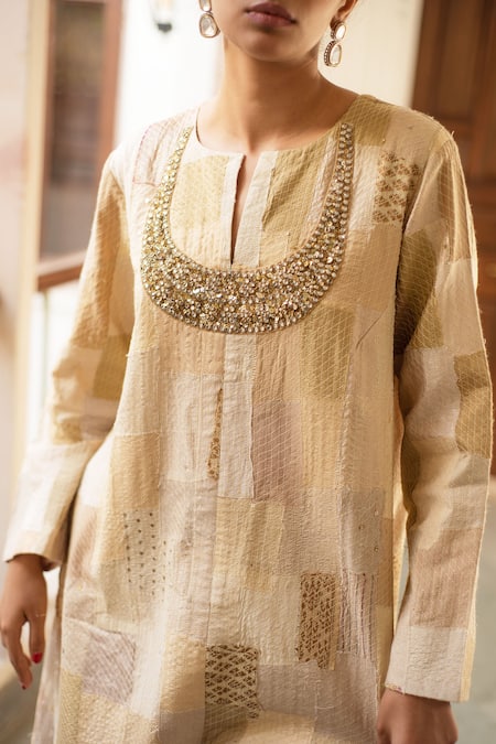Buy_Priyanka Raajiv_Beige Silk, Brocade, Satin, Cotton, Renata Patch Work Kurta And Rafa Palazzo Set 