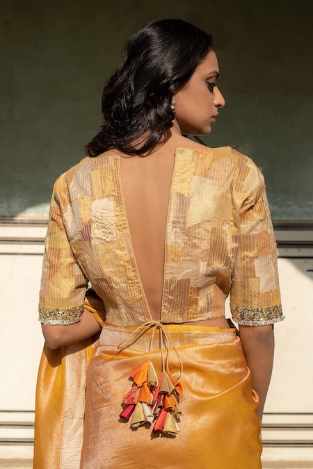 Shop_Priyanka Raajiv_Gold Silk, Brocade, Satin, Cotton, Chiffon, Tissue Sachi Patch Work Blouse _at_Aza_Fashions