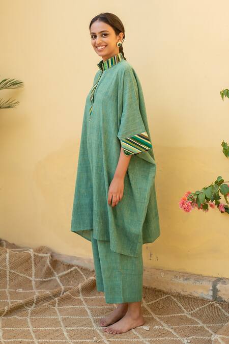 Priyanka Raajiv_Green Cotton Embroidery Bandeau Neck Sadeh Organic Kaftan And Pant Set _Online_at_Aza_Fashions