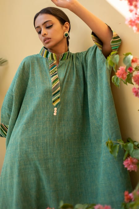 Priyanka Raajiv_Green Cotton Embroidery Bandeau Neck Sadeh Organic Kaftan And Pant Set _at_Aza_Fashions