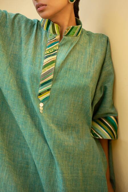 Buy_Priyanka Raajiv_Green Cotton Embroidery Bandeau Neck Sadeh Organic Kaftan And Pant Set 