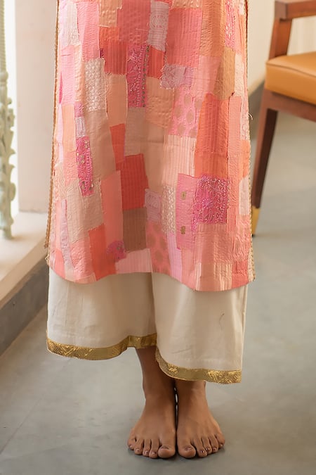 Priyanka Raajiv Pink Silk, Brocade, Satin, Cotton, Chiffon, Sahar Patch Work Kurta And Palazzo Set Online at Aza Fashions Priyanka Raajiv_Pink Silk, Brocade, Satin, Cotton, Chiffon, Sahar Patch Work Kurta And Palazzo Set _Online_at_Aza_Fashions