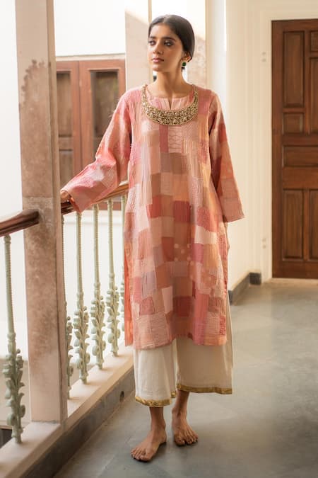 Priyanka Raajiv_Pink Silk, Brocade, Satin, Cotton, Chanderi, Senara Patch Work Kurta And Pant Set _Online_at_Aza_Fashions