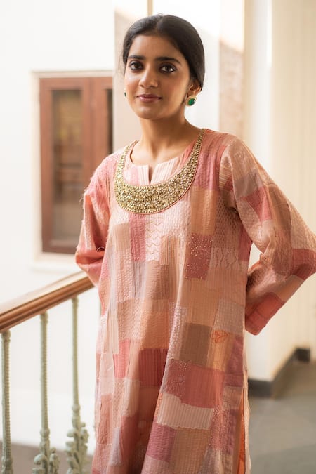Buy_Priyanka Raajiv_Pink Silk, Brocade, Satin, Cotton, Chanderi, Senara Patch Work Kurta And Pant Set _Online_at_Aza_Fashions