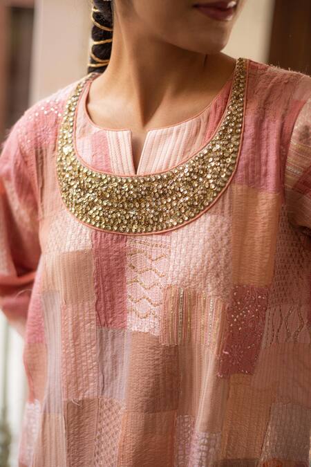 Shop_Priyanka Raajiv_Pink Silk, Brocade, Satin, Cotton, Chanderi, Senara Patch Work Kurta And Pant Set _Online_at_Aza_Fashions