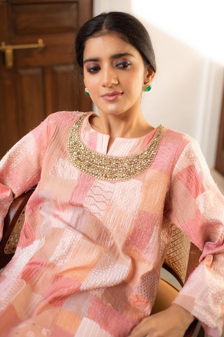 Priyanka Raajiv_Pink Silk, Brocade, Satin, Cotton, Chanderi, Senara Patch Work Kurta And Pant Set _at_Aza_Fashions