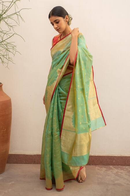 Priyanka Raajiv_Green Silk, Chanderi Sora Woven Saree With Running Blouse _Online_at_Aza_Fashions