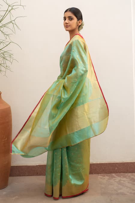 Buy_Priyanka Raajiv_Green Silk, Chanderi Sora Woven Saree With Running Blouse _Online_at_Aza_Fashions