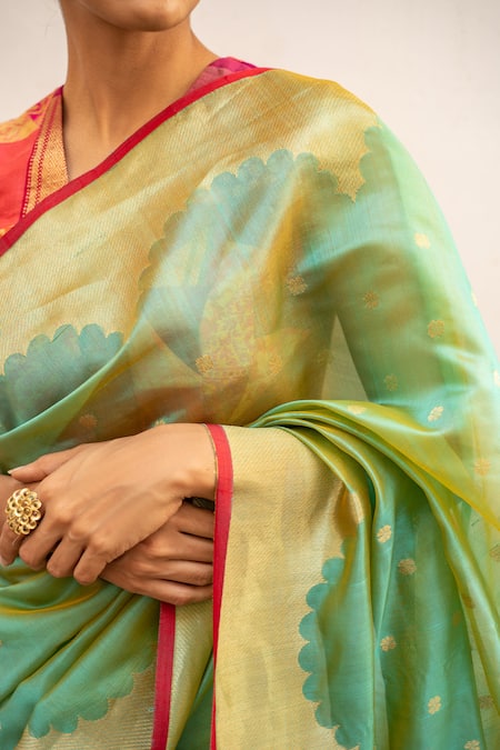 Shop_Priyanka Raajiv_Green Silk, Chanderi Sora Woven Saree With Running Blouse _Online_at_Aza_Fashions