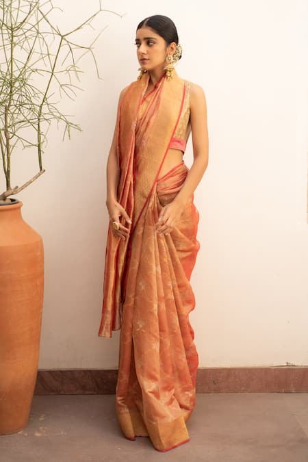 Priyanka Raajiv Orange Silk Chanderi Woven Floral Quatrefoil Zahal Saree With Running Blouse