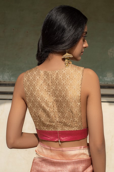 Shop_Priyanka Raajiv_Gold Silk, Brocade Embroidery V-neck Zane Blouse _at_Aza_Fashions