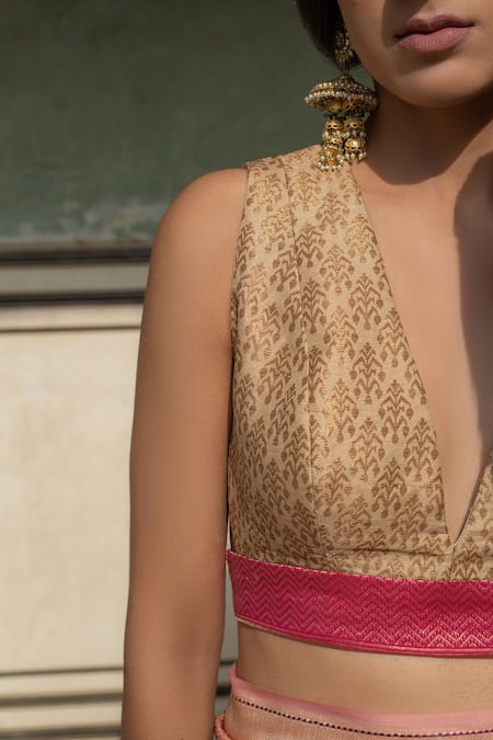 Priyanka Raajiv_Gold Silk, Brocade Embroidery V-neck Zane Blouse _Online_at_Aza_Fashions
