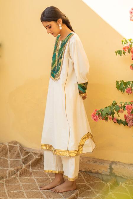 Priyanka Raajiv_Ivory Cotton Sequins, Gota Patti, Zari Round Zoran Organic Kurta And Pant Set _Online_at_Aza_Fashions