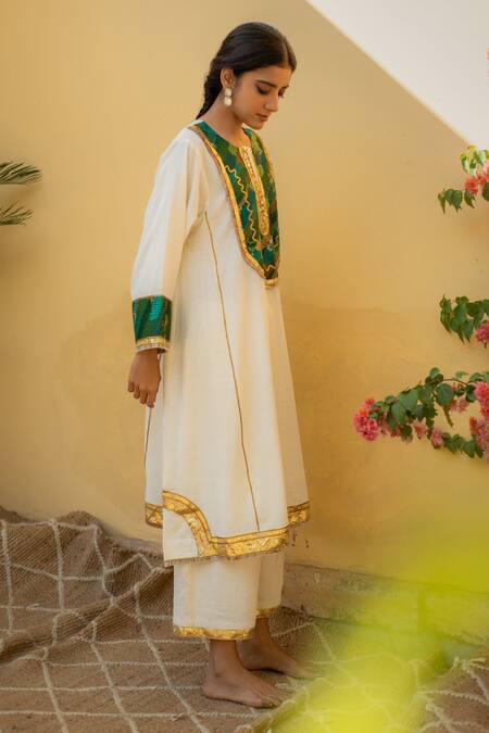 Buy_Priyanka Raajiv_Ivory Cotton Sequins, Gota Patti, Zari Round Zoran Organic Kurta And Pant Set _Online_at_Aza_Fashions
