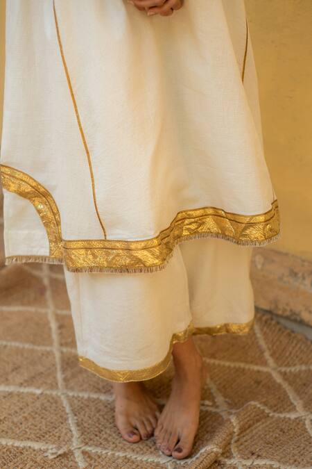 Shop_Priyanka Raajiv_Ivory Cotton Sequins, Gota Patti, Zari Round Zoran Organic Kurta And Pant Set _Online_at_Aza_Fashions
