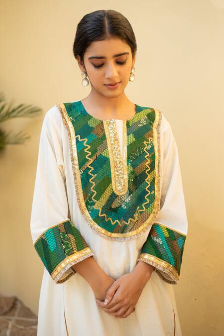 Priyanka Raajiv_Ivory Cotton Sequins, Gota Patti, Zari Round Zoran Organic Kurta And Pant Set _at_Aza_Fashions