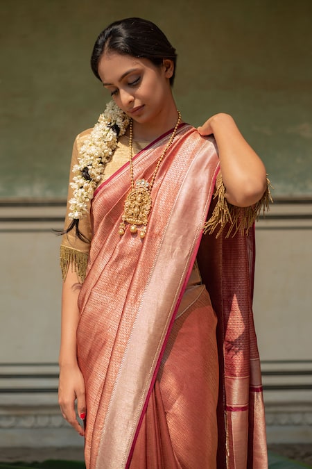 Priyanka Raajiv_Maroon Silk Zuri Woven Banarasi Saree With Running Blouse _Online_at_Aza_Fashions