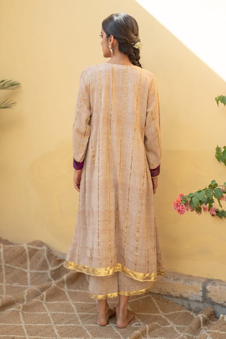 Shop Priyanka Raajiv Beige Cotton Sequins, Gota Patti, Zari Round Raahat Organic Kurta And Pant Set at Aza Fashions Shop_Priyanka Raajiv_Beige Cotton Sequins, Gota Patti, Zari Round Raahat Organic Kurta And Pant Set _at_Aza_Fashions