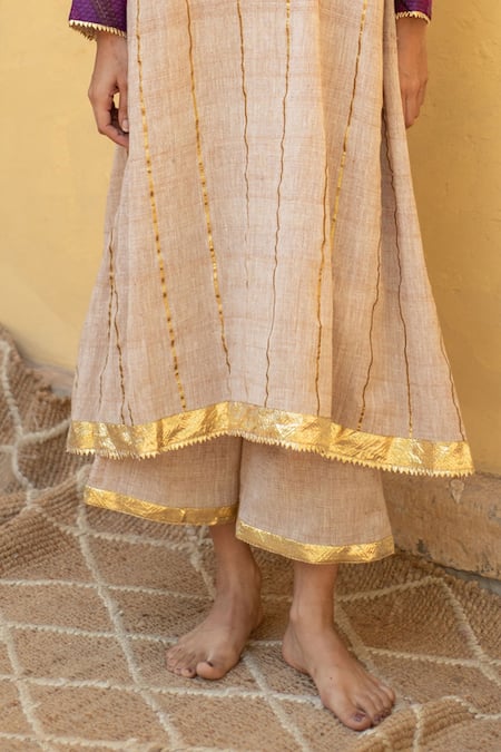 Priyanka Raajiv Beige Cotton Sequins, Gota Patti, Zari Round Raahat Organic Kurta And Pant Set Online at Aza Fashions Priyanka Raajiv_Beige Cotton Sequins, Gota Patti, Zari Round Raahat Organic Kurta And Pant Set _Online_at_Aza_Fashions