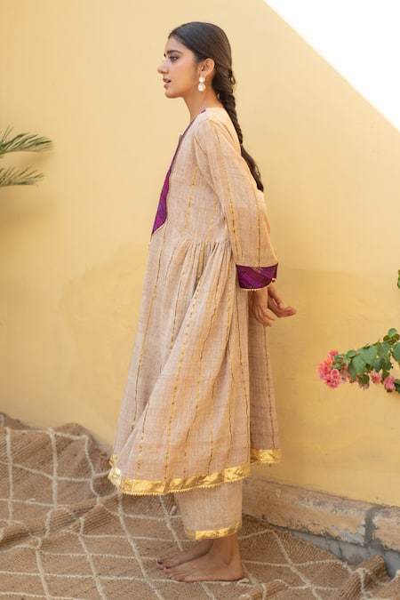 Shop Priyanka Raajiv Beige Cotton Sequins, Gota Patti, Zari Round Raahat Organic Kurta And Pant Set Online at Aza Fashions Shop_Priyanka Raajiv_Beige Cotton Sequins, Gota Patti, Zari Round Raahat Organic Kurta And Pant Set _Online_at_Aza_Fashions