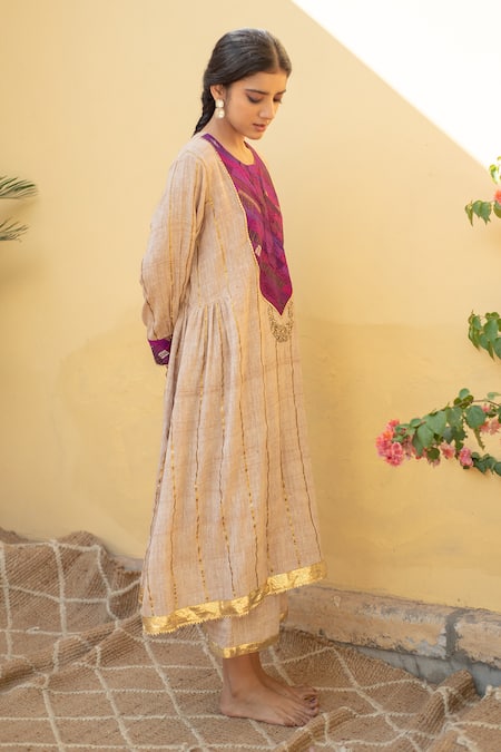 Priyanka Raajiv Beige Cotton Sequins, Gota Patti, Zari Round Raahat Organic Kurta And Pant Set at Aza Fashions Priyanka Raajiv_Beige Cotton Sequins, Gota Patti, Zari Round Raahat Organic Kurta And Pant Set _at_Aza_Fashions