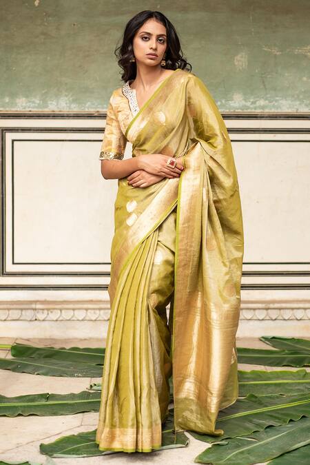 Shop_Priyanka Raajiv_Green Silk Embroidery Rena Woven Banarasi Saree With Running Blouse _Online_at_Aza_Fashions