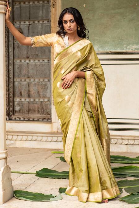 Priyanka Raajiv_Green Silk Embroidery Rena Woven Banarasi Saree With Running Blouse _at_Aza_Fashions