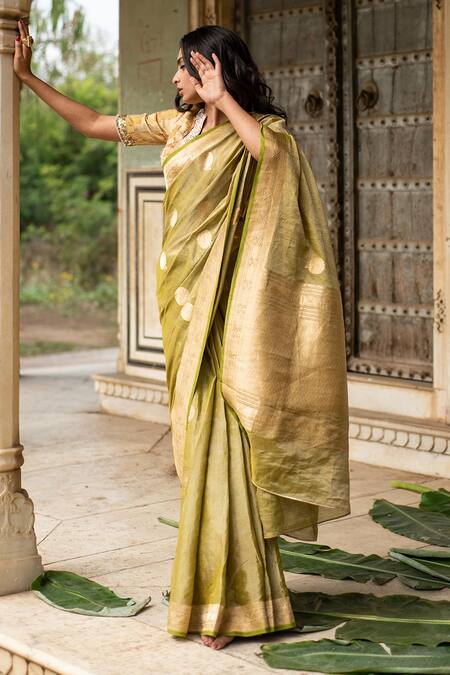 Buy_Priyanka Raajiv_Green Silk Embroidery Rena Woven Banarasi Saree With Running Blouse 