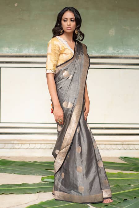 Shop_Priyanka Raajiv_Grey Silk Embroidery Rena Metallic Woven Banarasi Saree With Running Blouse _Online_at_Aza_Fashions