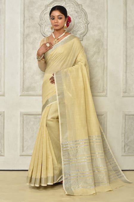 Snow White Soft Linen Silk Saree With Copper Banarasi Butti | TST | The  Silk Trend