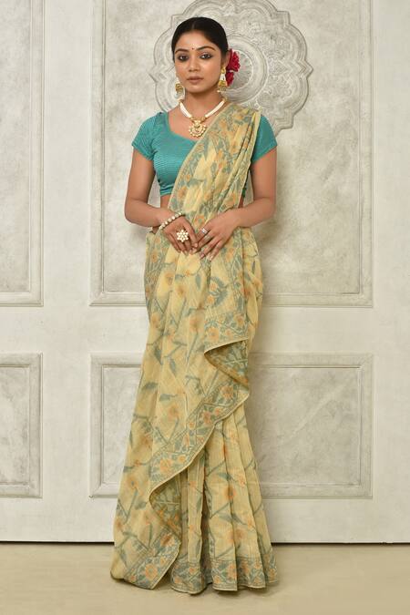 Buy_Nazaakat By Samara Singh_Beige Soft Linen Silk Printed Saree With Running Blouse_Online_at_Aza_Fashions
