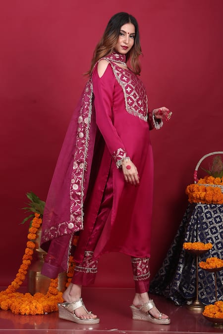 Shop_Monk & Mei By Sonia Anand_Purple Silk, Brocade Embroidery, Tassels Isha Floral Pattern Straight Kurta Set _at_Aza_Fashions
