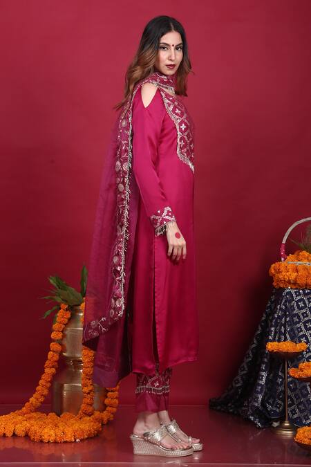 Buy_Monk & Mei By Sonia Anand_Purple Silk, Brocade Embroidery, Tassels Isha Floral Pattern Straight Kurta Set _Online_at_Aza_Fashions