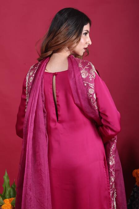 Shop_Monk & Mei By Sonia Anand_Purple Silk, Brocade Embroidery, Tassels Isha Floral Pattern Straight Kurta Set _Online_at_Aza_Fashions