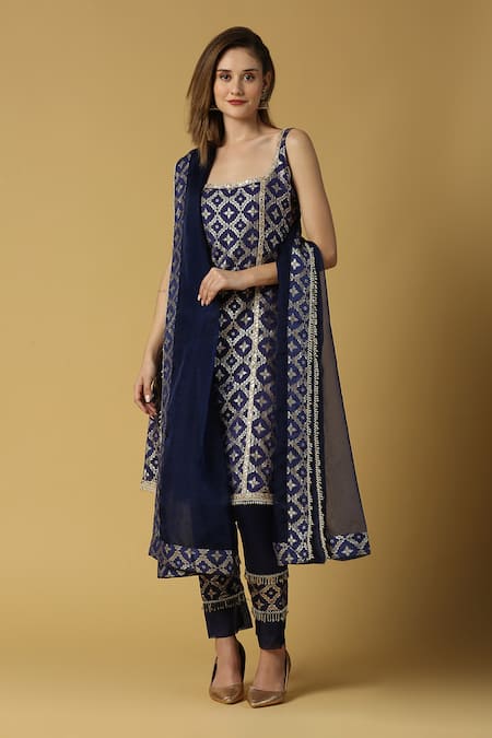 MONK & MEI BY SONIA ANAND Blue Silk And Brocade Blend Woven Floral Round Kala Straight Kurta Set 