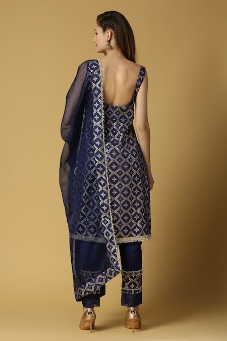 Monk & Mei By Sonia Anand_Blue Silk, Brocade Lace, Tassels, Kala Floral Woven Straight Kurta Set _Online_at_Aza_Fashions