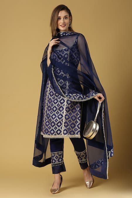 Buy_Monk & Mei By Sonia Anand_Blue Silk, Brocade Lace, Tassels, Kala Floral Woven Straight Kurta Set _Online_at_Aza_Fashions