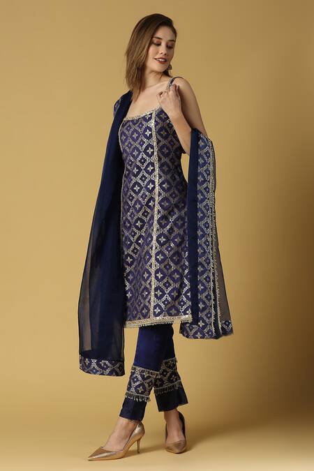 Shop_Monk & Mei By Sonia Anand_Blue Silk, Brocade Lace, Tassels, Kala Floral Woven Straight Kurta Set _Online_at_Aza_Fashions