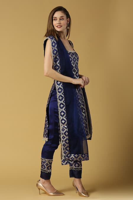 Monk & Mei By Sonia Anand_Blue Silk, Brocade Lace, Tassels, Kala Floral Woven Straight Kurta Set _at_Aza_Fashions