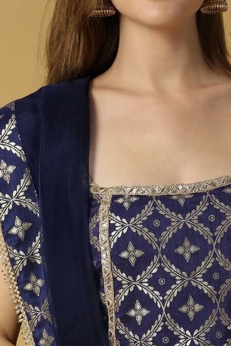Buy_Monk & Mei By Sonia Anand_Blue Silk, Brocade Lace, Tassels, Kala Floral Woven Straight Kurta Set 