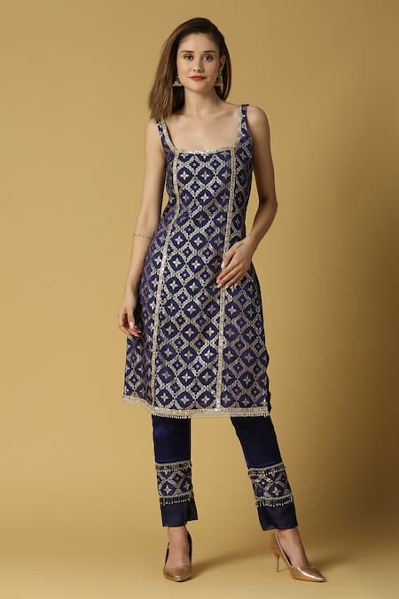 Shop Monk & Mei By Sonia Anand Blue Silk, Brocade Lace, Tassels, Kala Floral Woven Straight Kurta Set Shop_Monk & Mei By Sonia Anand_Blue Silk, Brocade Lace, Tassels, Kala Floral Woven Straight Kurta Set